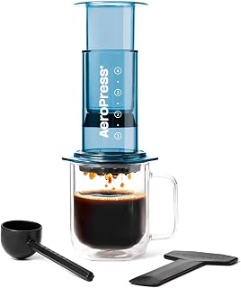 AeroPress Clear Blue French Press All-in-One Espresso & Filter Style 2 Minute Brew Coffee Maker Portable Small Coffee Maker Ideal for Travel and Camping