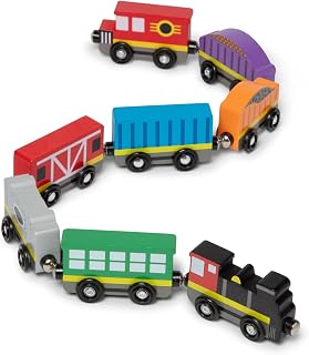 Melissa & Doug Wooden Magnetic Train Cars 8-Piece Vehicle Set | 9 Piece Set, 8 Magnetic Wooden Toy Train Cars, Storage Tray, Railroad Pretend Play, Preschool Learning Toys for Kids, Ages 3+