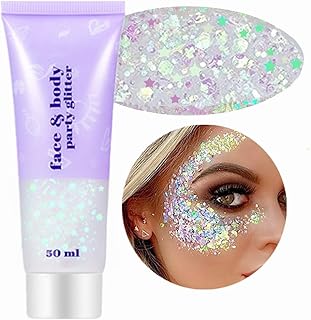 Go Ho Clear White Face Body Glitter,Halloween Festival Concert Outfit Women | Hair Glitter,Holographic Glitter Rainbow White Face Paint,Mermaid Fairy Costume Chunky Sequins for Girl Kids,Rave Accessories