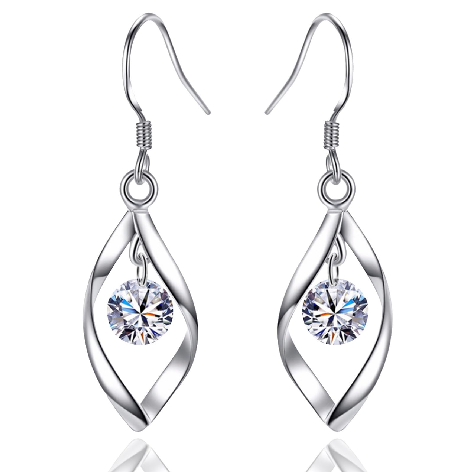 Double Twisted Linear Swirl Drop Statement Earrings with CZ, 925 Sterling Silver