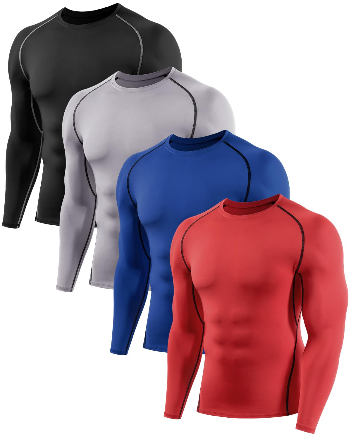 4 Pack Compression Shirts Men Long Sleeve Workout Underhirts Athletic Running Ba