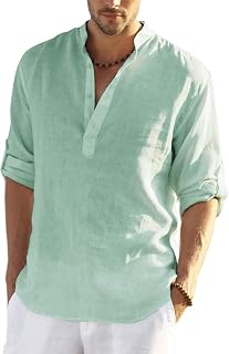 COOFANDY Men's Shirt Long Sleeve Henley Shirt Linen Shirt Cotton Casual Regular Fit Summer Shirt