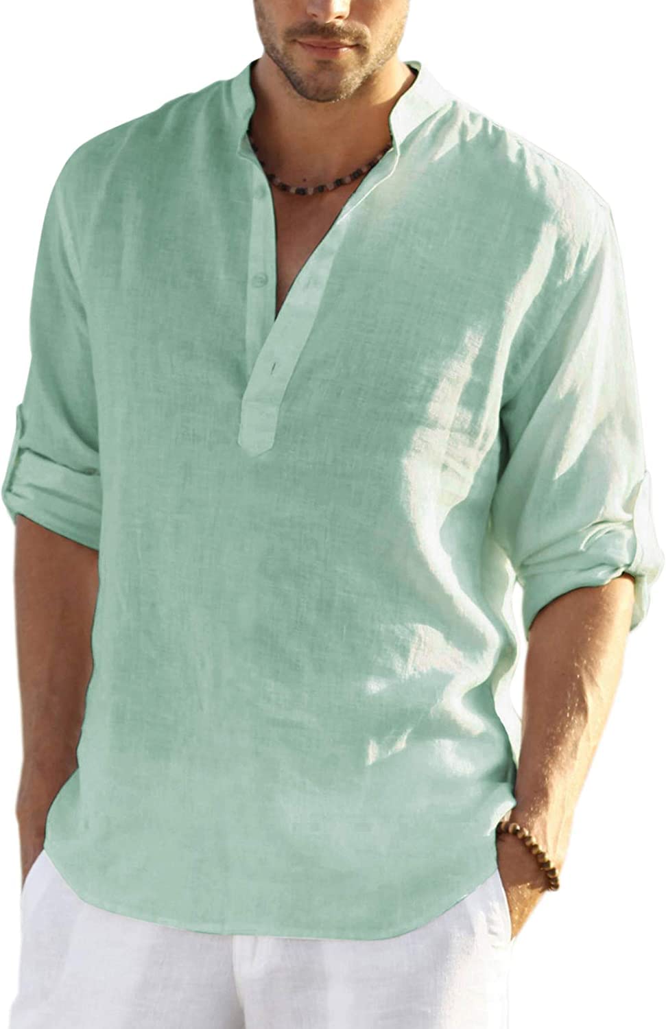 COOFANDY Men's Shirt Long Sleeve Henley Shirt Linen Shirt Cotton Casual Regular 