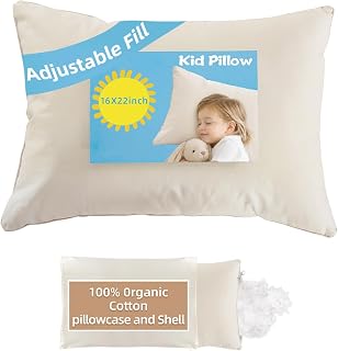 LOFE Organic Kids Pillow - 16x22, 100% Organic Cotton Shell, Polyester Fill, Adjustable Loft, Machine Washable, Soft, Perfect for Children Aged 5-10