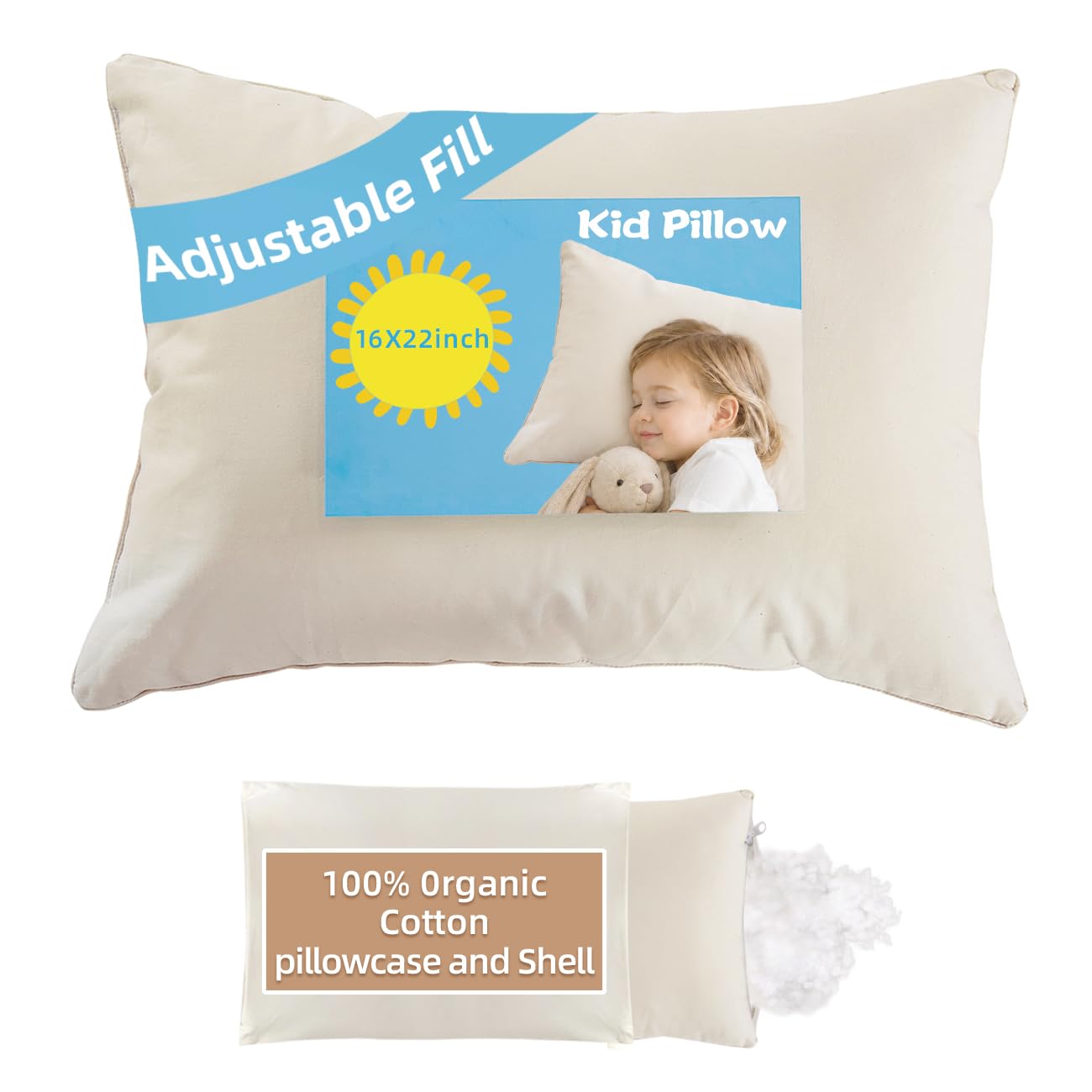 LOFE Organic Kids Pillow - 16x22, 100% Organic Cotton Shell, Polyester Fill, Adj