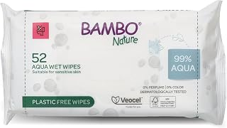 Bambo Nature Aqua Wet Wipes, 1 Pack (52 Wipes), 99% Water, Sensitive Skin Safe, Extra Soft Baby Wipes with 100% Veocel Viscose, Irritation Free for Delicate Skin, Fragrance Free, Ideal for Daily Use