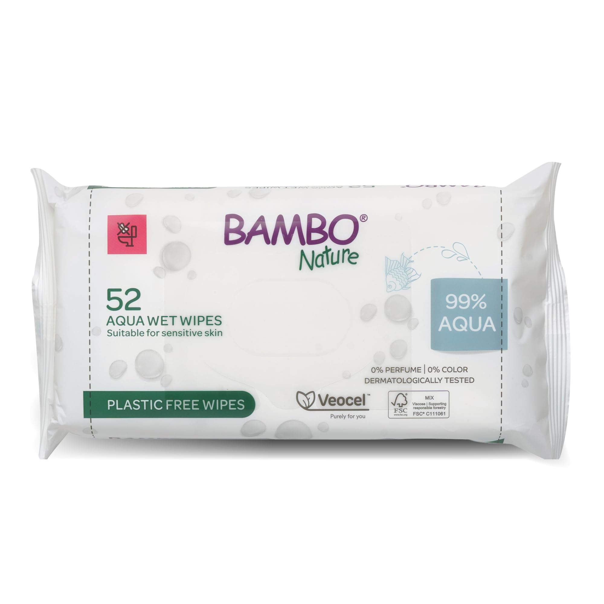 Bambo Nature Aqua Wet Wipes, 1 Pack (52 Wipes), 99% Water, Sensitive Skin Safe, 