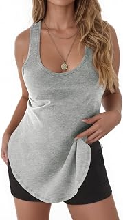Tankaneo Women's Oversized Long Tank Tops Crew Neck Side Split Sleeveless Cotton Summer Casual Racerback Tank Tops