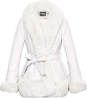 GRAN ORIENTE Women's Faux Leather Jacket with Faux Fur Collar, Winter Long Sleeve Furry Trim Peplum Parka Coat with Belt