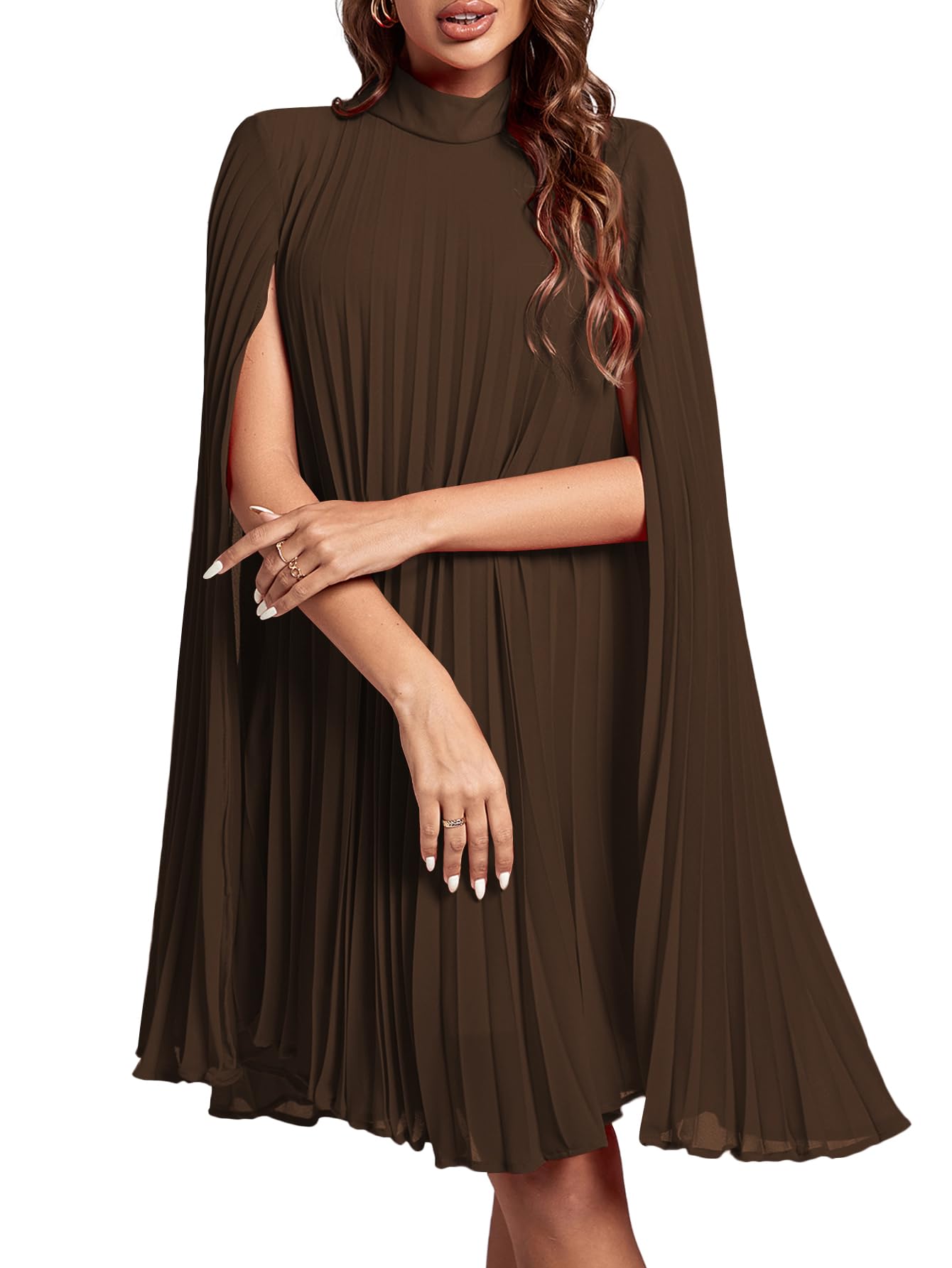 Rooscier Women's midi dress with stand collar and pleated sleeves at the back