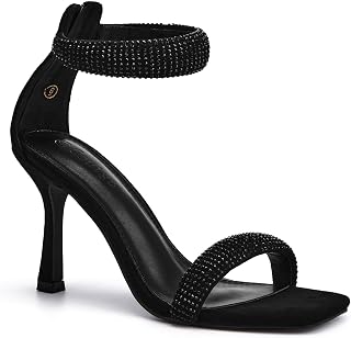 Coutgo Donna Stiletto Tacchi Alti Aperti Punta Quadrata Cinturino Alla Caviglia Sandali Sexy Una Fascia Abito Da Sposa Pompe Scarpe, nero, 43 EU