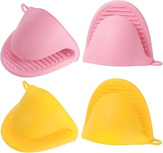 Generic 4 Mini Silicone Oven Gloves, 110 x 85 x 70 mm, Small Heat Resistant Rubber Gloves for Air Fryer for Kitchen and Baking, Yellow and Pink