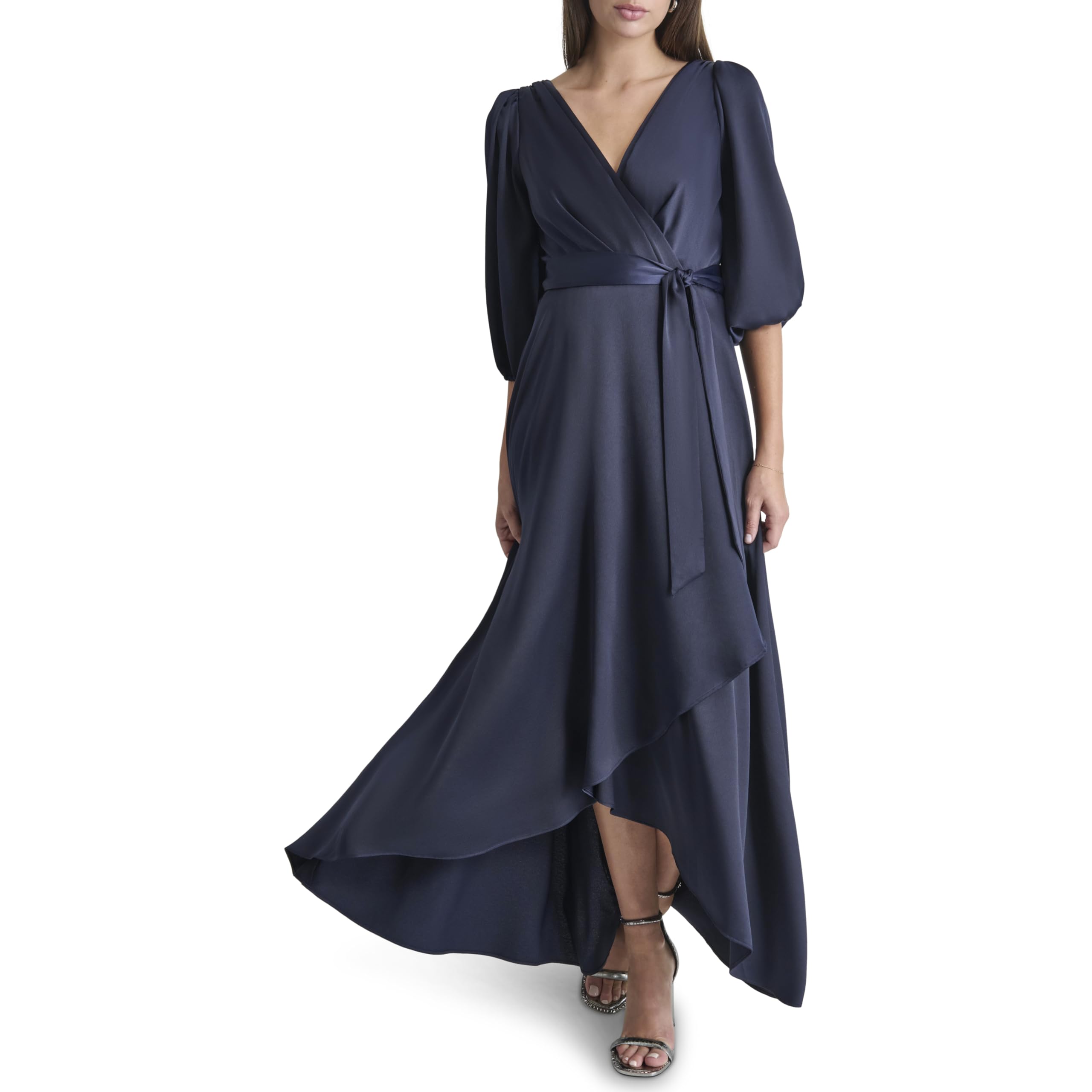 DKNY Women's Balloon Sleeve Satin Faux Wrap Maxi Dress