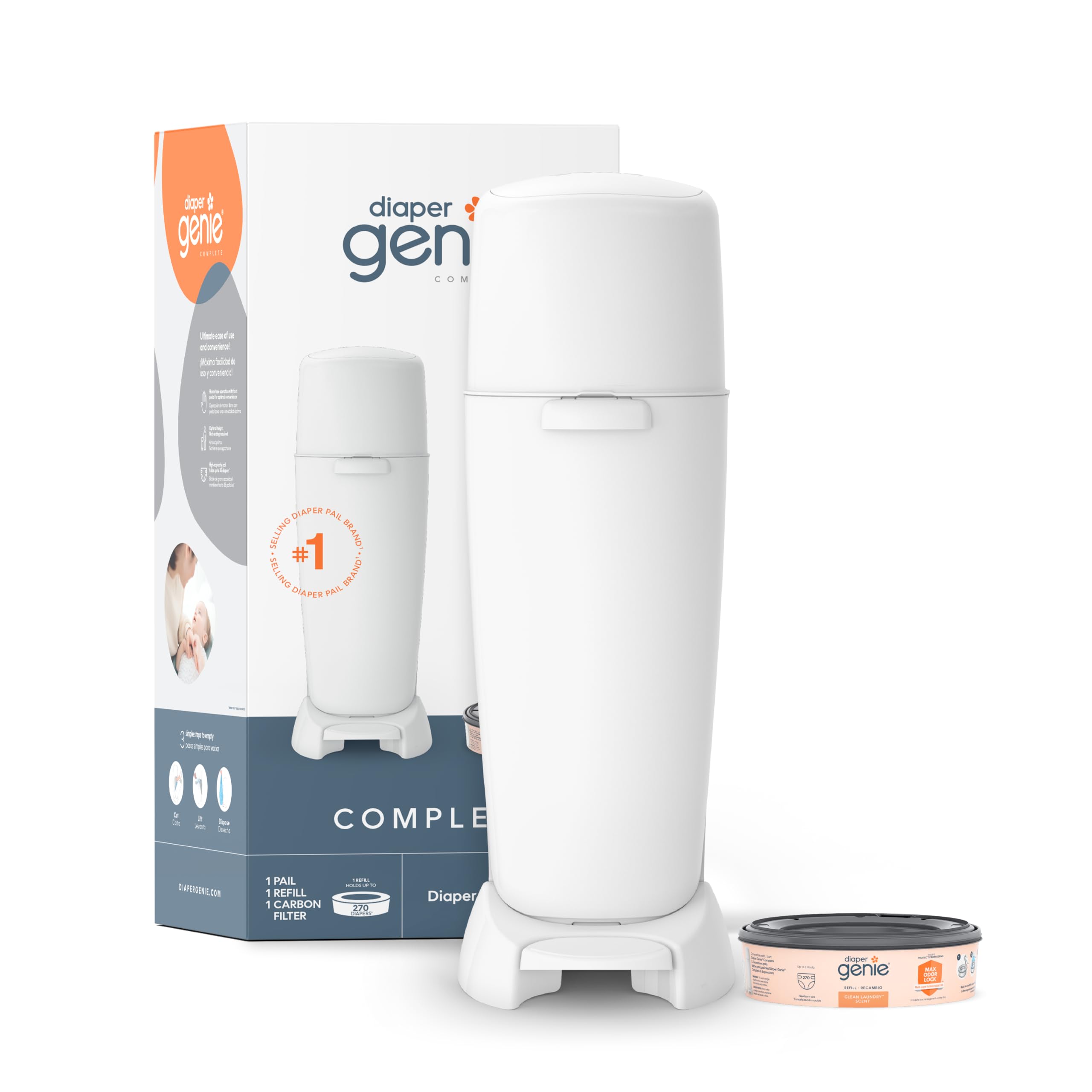 Diaper Genie Complete Diaper Pail (White) – Includes 1 Refill (Holds 270 Newborn