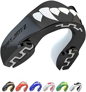 SAFEJAWZ Mouthguard Strapless Slim Fit, Adults and Junior with Case for Boxing, Basketball, Football, MMA, Martial Arts, Hockey and All Contact Sports (Adult (12+ Years), Black Fangz)