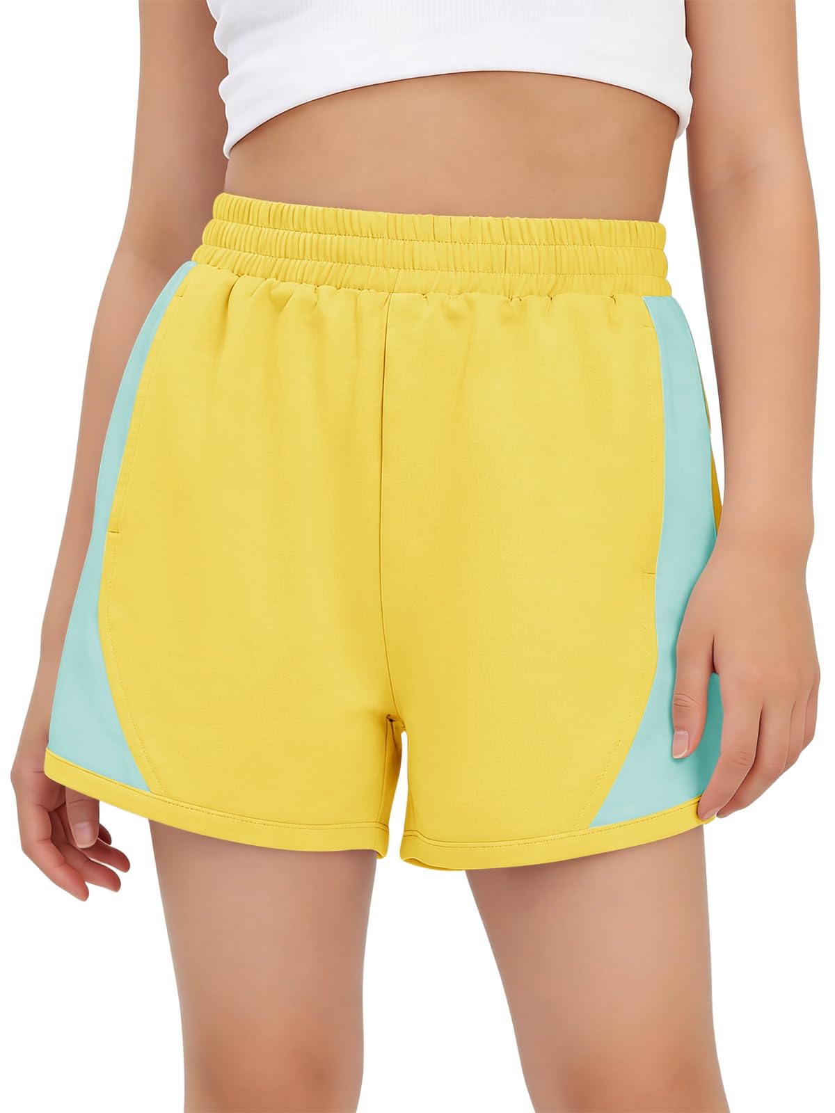 Haloumoning Pantaloncini da ragazza alla moda elastici a vita alta Colorblock al