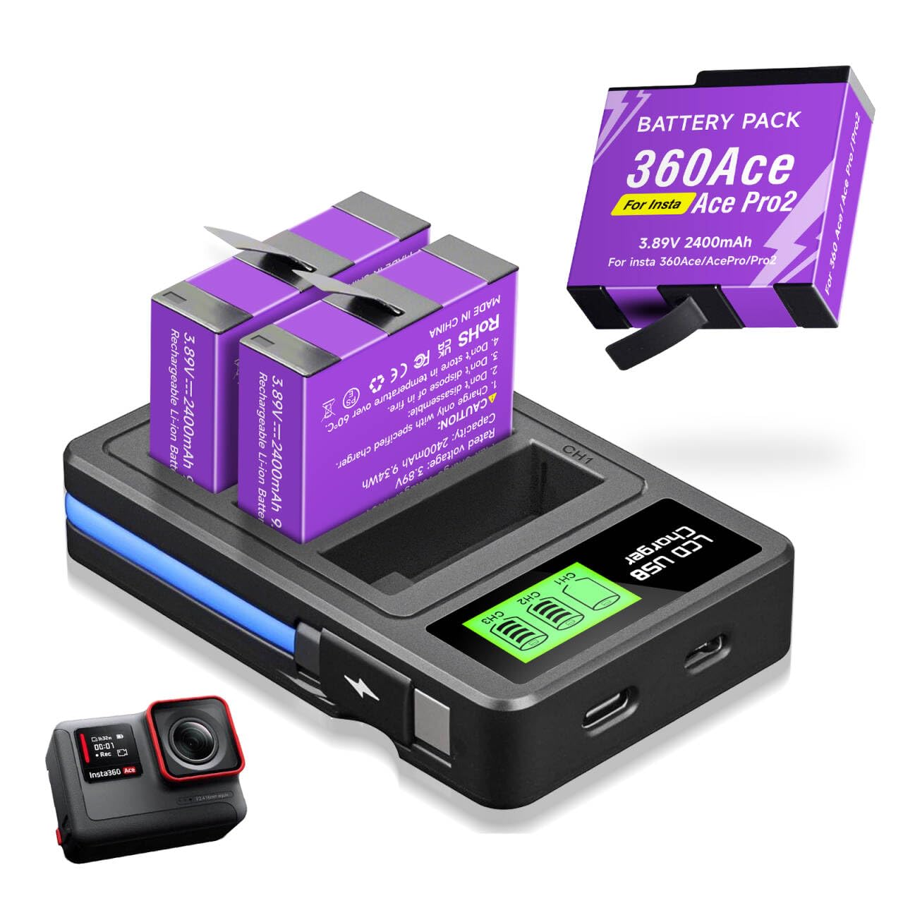 CITYORK 3 Slot Charger and 3 x 2400mAh Batteries Compatible with Insta360 Ace Pr