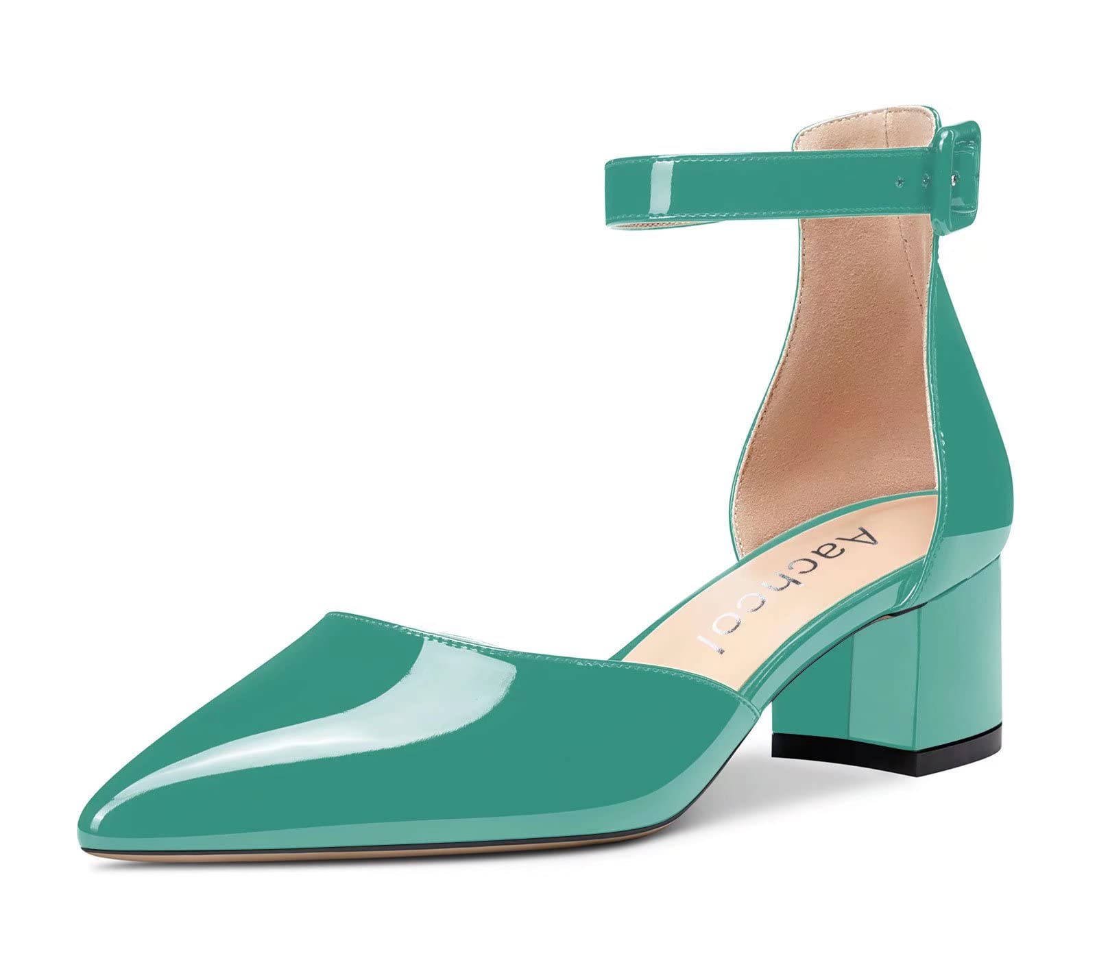 Aachcol Women's Ankle Strap Pumps Closed Toe Chunky Block Mid Heel D'Orsay Two-P
