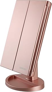 deweisn Dresser Mount Tri-Fold Lighted Vanity Mirror with 21 LED Lights, Touch Screen and 3X/2X/1X Magnification, Two Power Supply Modes Make Up Mirror,Travel Mirror