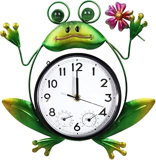HOBYLUBY Outdoor Clock Silent Non-Ticking, Frog Outdoor Wall Clock with Thermometer & Humidity Decorative Outdoor Clocks for Patio, Garden, Home Decor