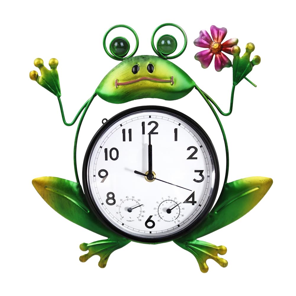 HOBYLUBY Outdoor Clock Silent Non-Ticking, Frog Outdoor Wall Clock with Thermome