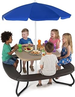 Costzon Kids Picnic Table, 8 Person Kids Outdoor Table and Chairs with Foldable & Adjustable Umbrella, 4 Built-in Benches, Toddler Outdoor Furniture for Backyard, Patio, Garden (Brown)