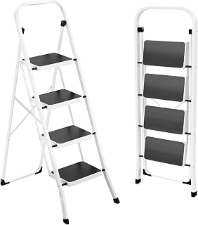 HBTower 4 Step Ladder, Folding Step Stool for Adults | with Anti-Slip Pedal, 330 lbs Capacity for Kitchen, Home, White