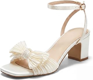 Coutgo woman bow low heel sandal wedding bridal dressy open toe ankle strap