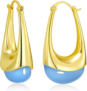 SNGIA Long Oval Chunky Dangle 18K gold plated Hoops with Colored Resin Gemstone Statement Earrings for Women by SNGIA, (Green, Brown, Blue, Pink, White, Cream), Bold Drop Handmade Exaggerated