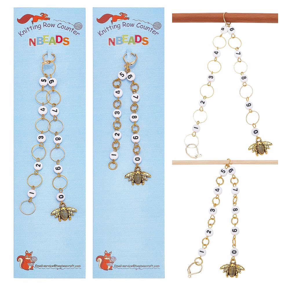 NBEADS 2 Pcs 2 Styles Bees Charm Knitting Row Counter Chains, 0~9 Number Stitch 