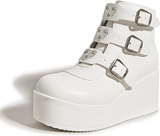 LUCKY STEP レディース プラットフォーム チャンキー アンクルブーツ - ラウンドトゥ ジッパー ウェッジ ハイヒール レイブ バックル 厚底 ゴスブーツ