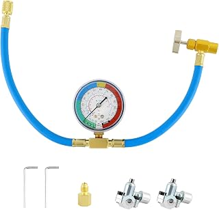 QWORK R134A Refrigerator Recharge Hose Kit with Gauge, Piercing Valve, Self-Sealing Adapter, Refrigerant Charging Hose Gauge