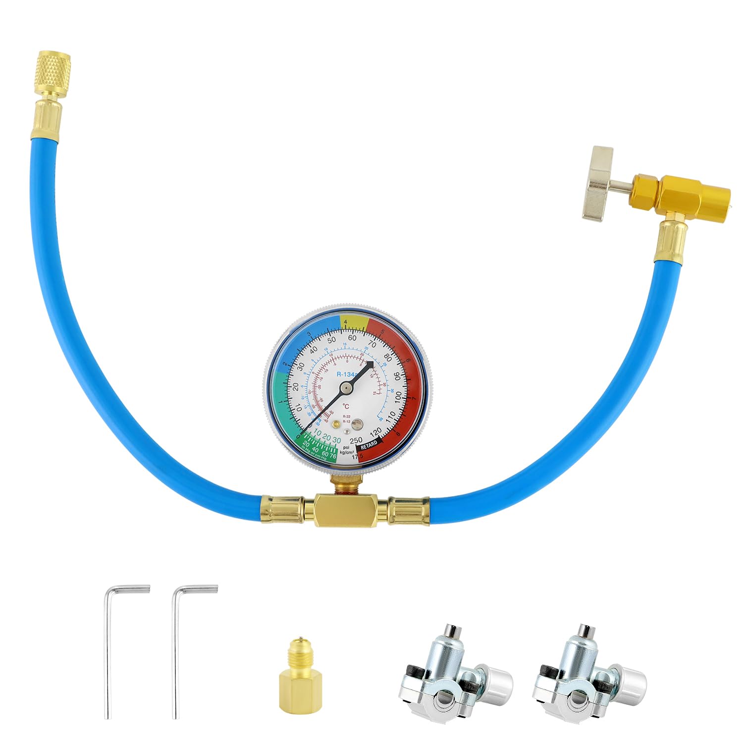 QWORK R134A Refrigerator Recharge Hose Kit with Gauge, Piercing Valve, Self-Seal