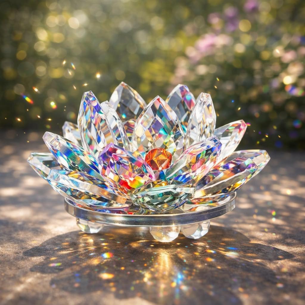 Sparkly Crystal Lotus Flower Ornament, Reflective Feng Shui Figures Home Decor f