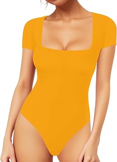 MANGOPOP Women's Square Neck Bodysuit Shirt Long Sleeve Short Sleeve Tops