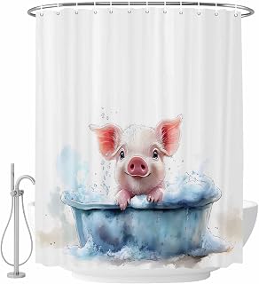 Cute Watercolor Piggy Waterproof Fabric Shower Curtain Bathroom Decor Blue Shower Curtain 72"x84"
