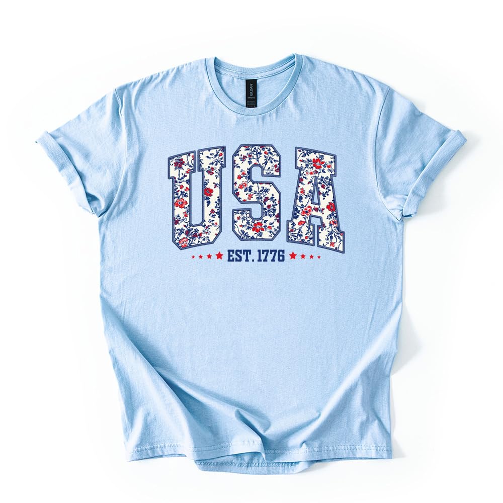 USA Est 1776 T-Shirt - Patriotic Floral Graphic Tee - Vintage Collegiate America
