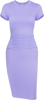 Missufeintl Women's Bodycon Ruched Short Sleeve T Shirt Midi Sundress Fitted Casual Dress