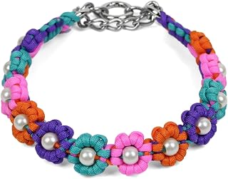 Cute Handmade Braided Pearl Beaded Flower Paracord Dog Collar Necklace L | Fancy Floral Dog Necklace, 16-20" Neck for Medium Large Dogs, Fray-Resistant No Pilling Durable Paracord, Bright Multi-Color