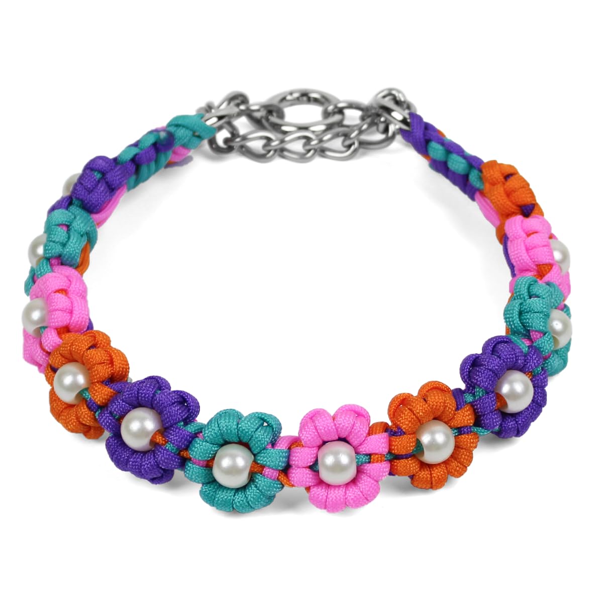 Cute Handmade Braided Pearl Beaded Flower Paracord Dog Collar Necklace L | Fancy