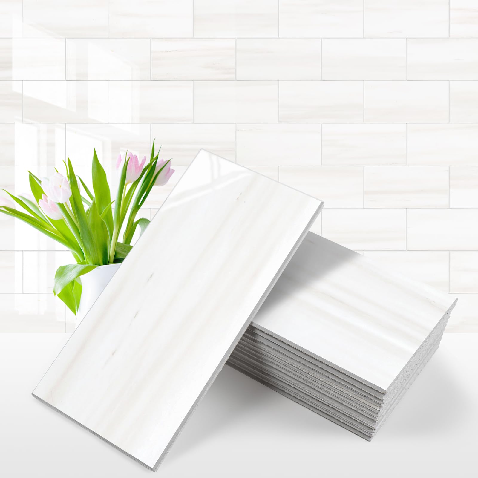 Vamos Tile 100-Piece Glossy Dolomite White Peel and Stick Backsplash Tile,3''x6'