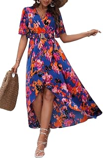 ORANDESIGNE Women's Summer Dress Casual V-Neck Long Dress Elegant Short Sleeve Boho Floral Printed Midi Dress Holiday Beach Casual Dresses with Belt