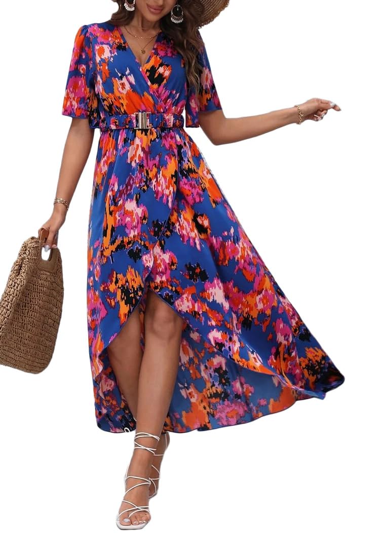 ORANDESIGNE Women's Summer Dress Casual V-Neck Long Dress Elegant Short Sleeve B