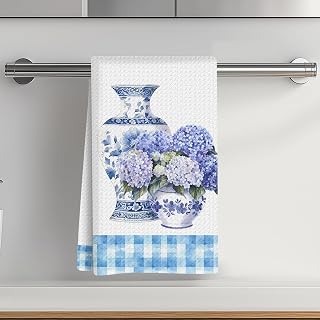 Hydrangea Kitchen Towel, 24x14 inch, Waffle Weave Hand Towel for Kitchen Home Decor, White Absorbent Microfiber Dish Cloth, Tea Towel, Home Gifts for Women, Mom, Grandma - 02