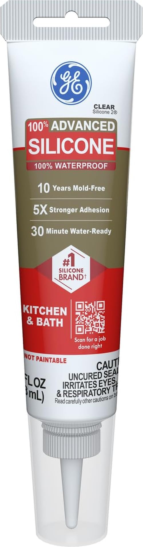 GE Advanced Silicone Caulk for Kitchen & Bathroom, Clear, 2.8 fl oz Tube, 1 Pack