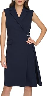 Calvin Klein Women's Sleeveless Collared Belted Wrap Knee Length Dress