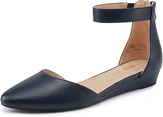 DREAM PAIRS Women's Comfortable Ballet Flat with low wedge ankle strap and zipper, Ladies' classic pointed toe Shoes for wedding and walking