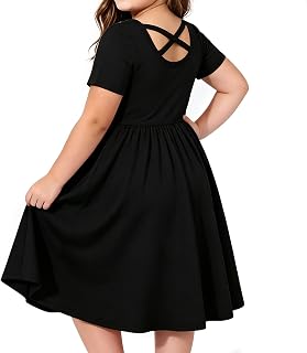 Girl Short Sleeve Dress Cotton A-Line School Dress with Pockets