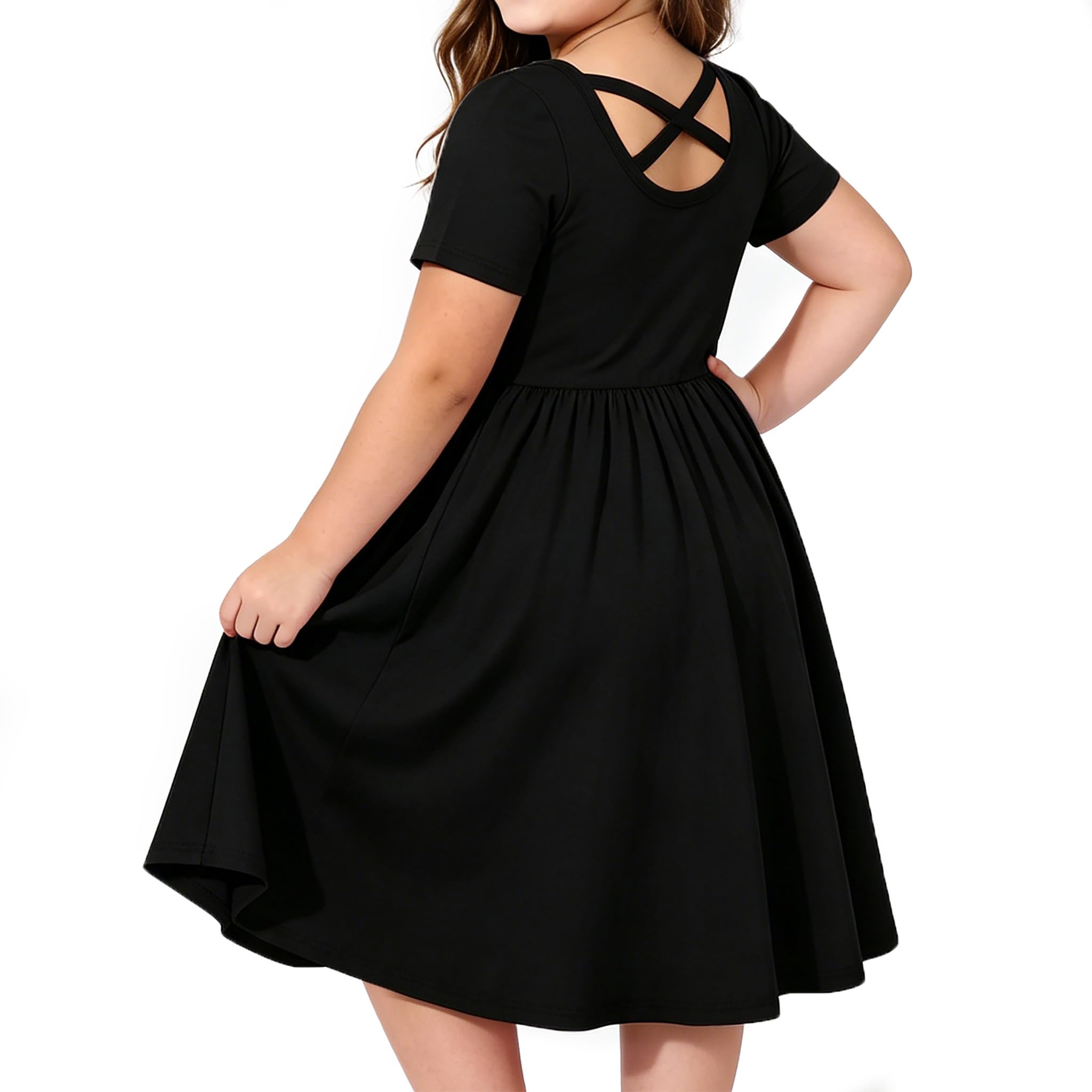 Girl Short Sleeve Dress Cotton A-Line School Dress with Pockets