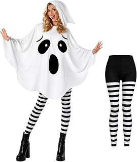 Halloween Ghost Costume for Women White Ghost Poncho with Leggings | Spooky Fancy Dress Outfit Ghost Costume with White Hooded Cape for Halloween, Carnival, Cosplay, Birthday Candy Party